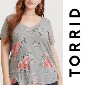 Torrid | Floral Heathered Gray Classic Fit V-Neck Pocket Tee | Size 0X